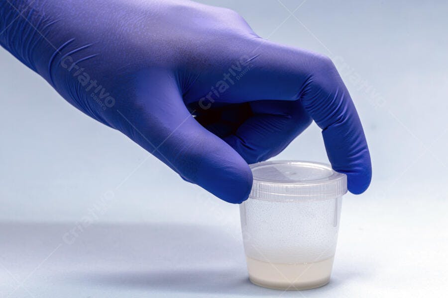 Mão com luva azul segurando amostra líquida em frasco laboratorial