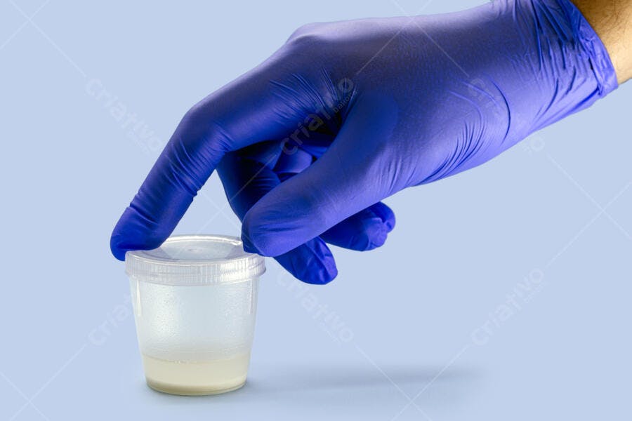 Mão com luva azul segurando pote de amostra médica