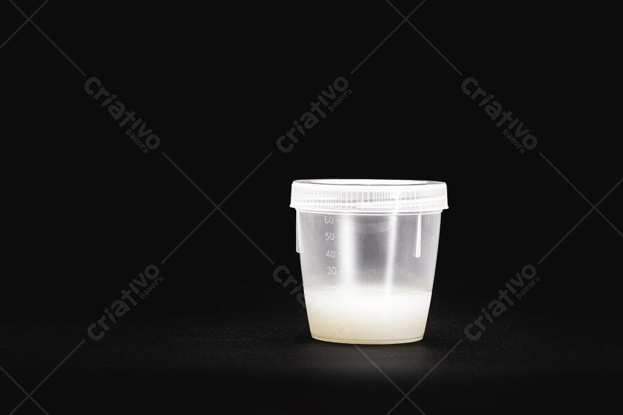 Copo de amostra médica com fluido biológico branco em fundo escuro