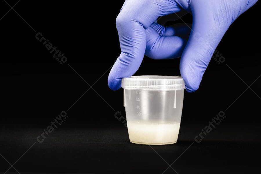 Mão com luva médica azul segura copo de amostra em fundo preto