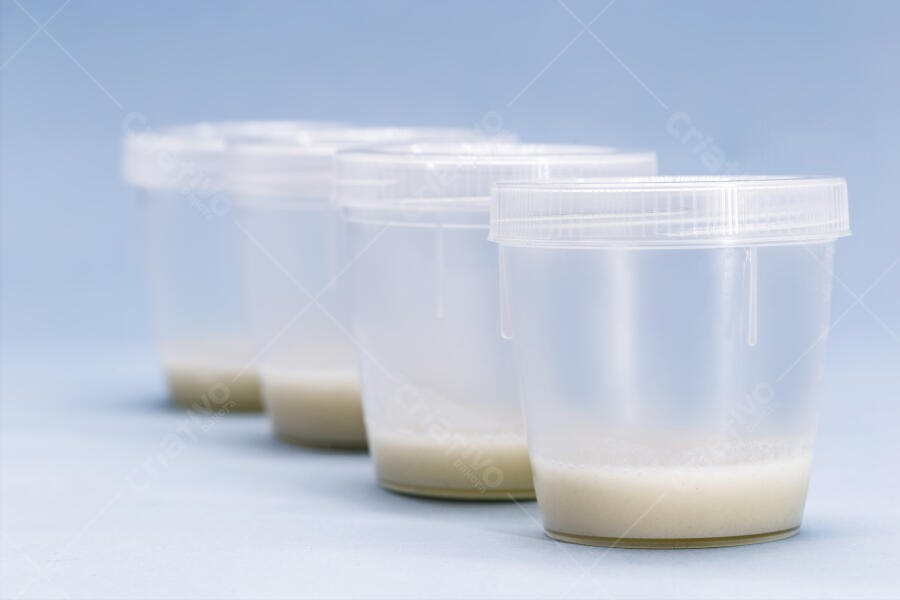 Potes plásticos transparentes com amostras de urina ou fluidos biológicos em laboratório