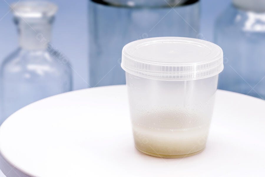 Copo de amostra transparente com líquido biológico em laboratório azul e branco