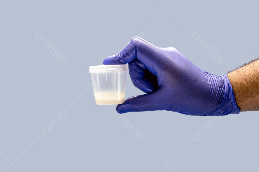 Mão com luva azul segura amostra biológica em recipiente transparente de laboratório