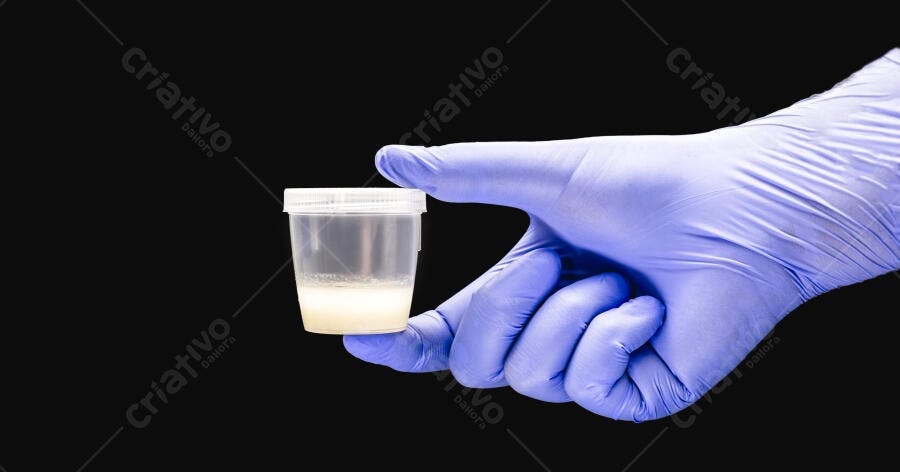 Mão com luva azul segura amostra de sêmen em frasco transparente para laboratório