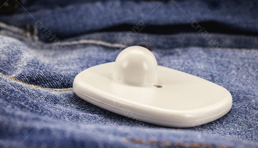 Etiqueta antifurto branca de segurança em calça jeans azul denim