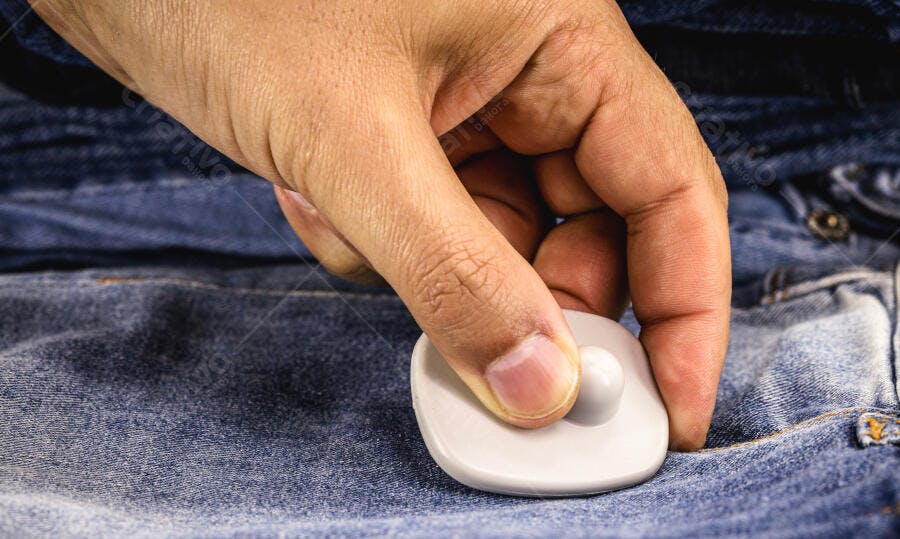 Mão removendo etiqueta de segurança antifurto branca de calça jeans azul