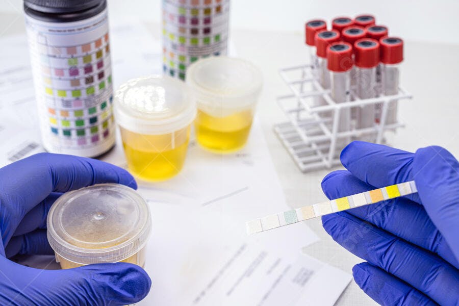 Mãos com luvas azuis segurando tira reagente teste de urina em laboratório