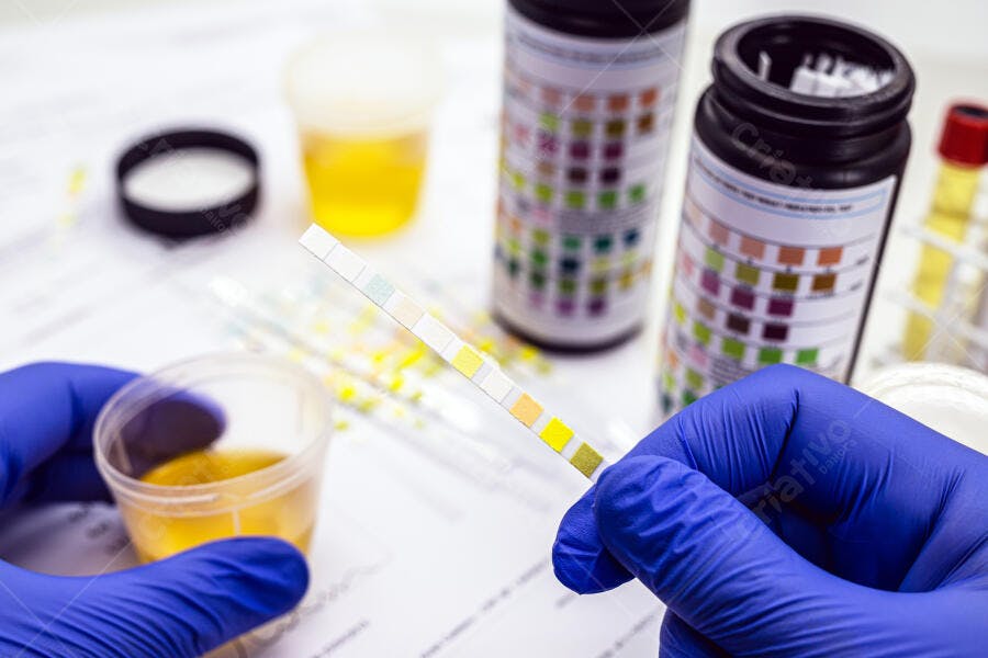 Profissional de saúde com luva azul segurando tira de teste de urina em laboratório