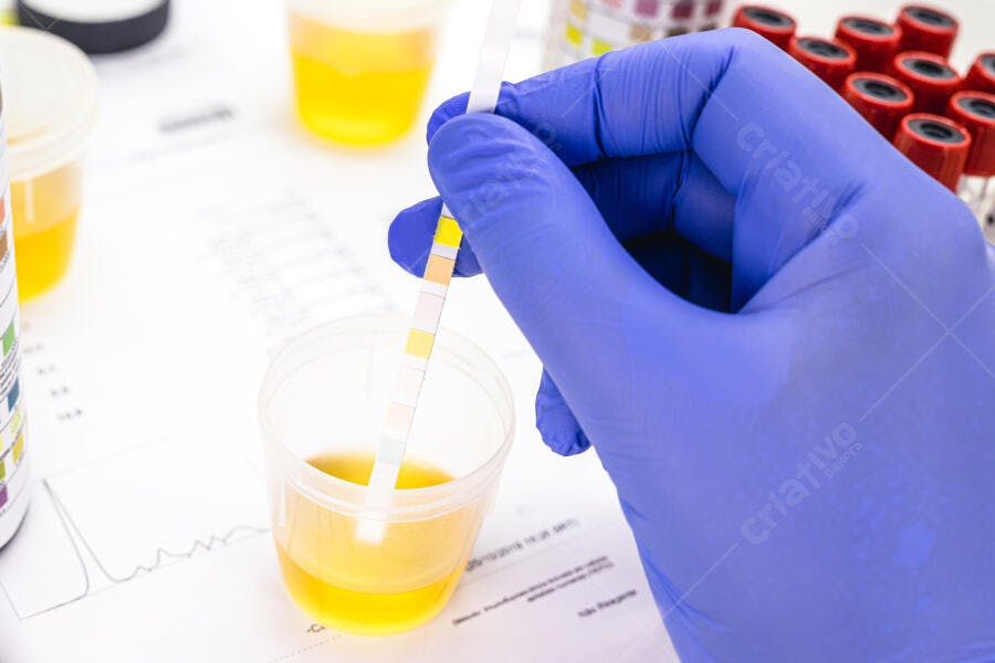 Mão com luva azul segurando tira de teste de urina em laboratório clínico