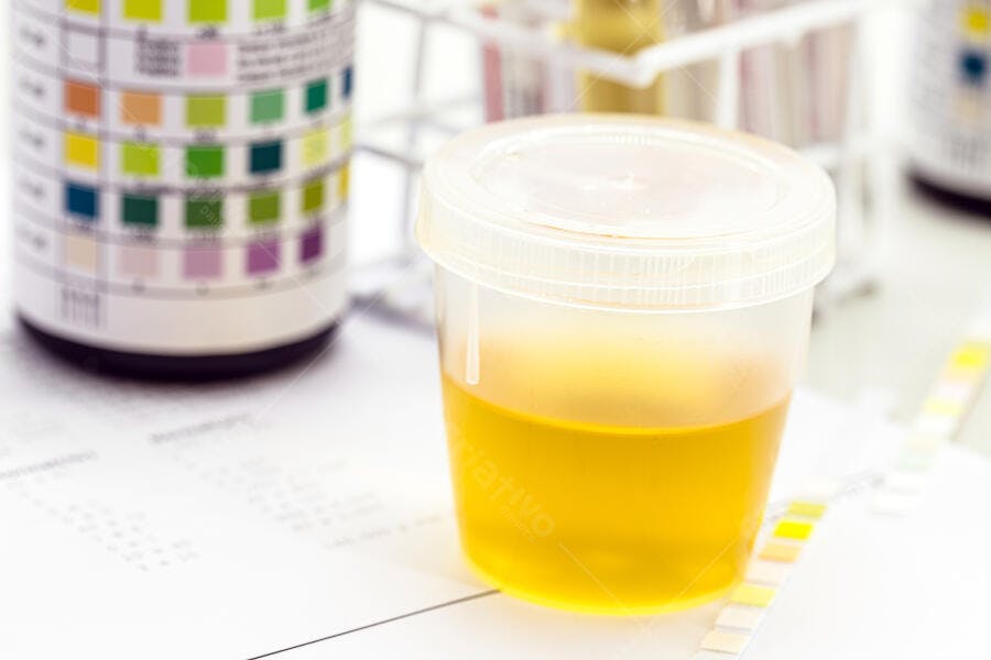 Amostra de urina em copo transparente com tiras reativas coloridas em laboratório