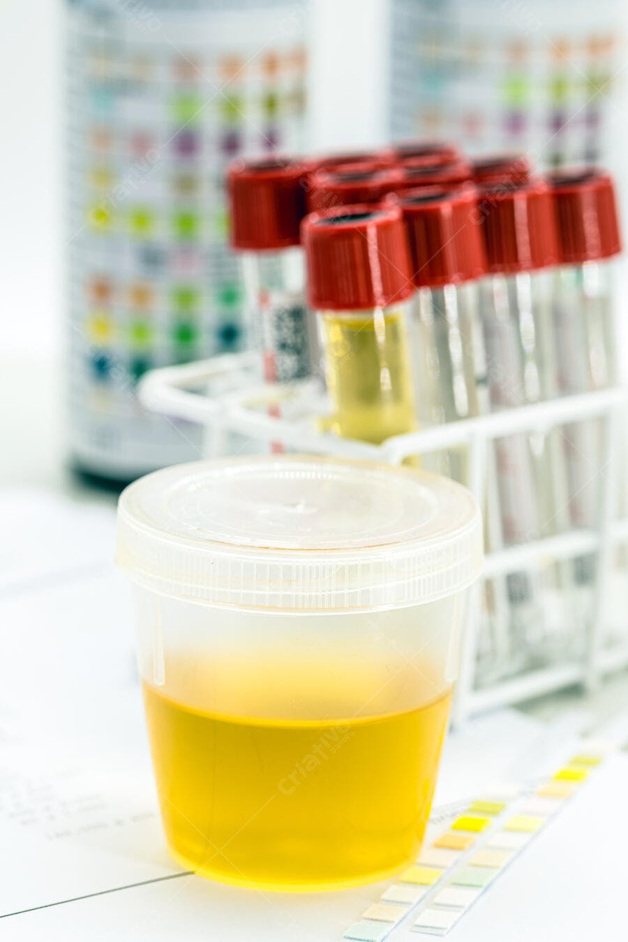 Copo de amostra de urina em laboratório com tubos de ensaio e tabela de cores