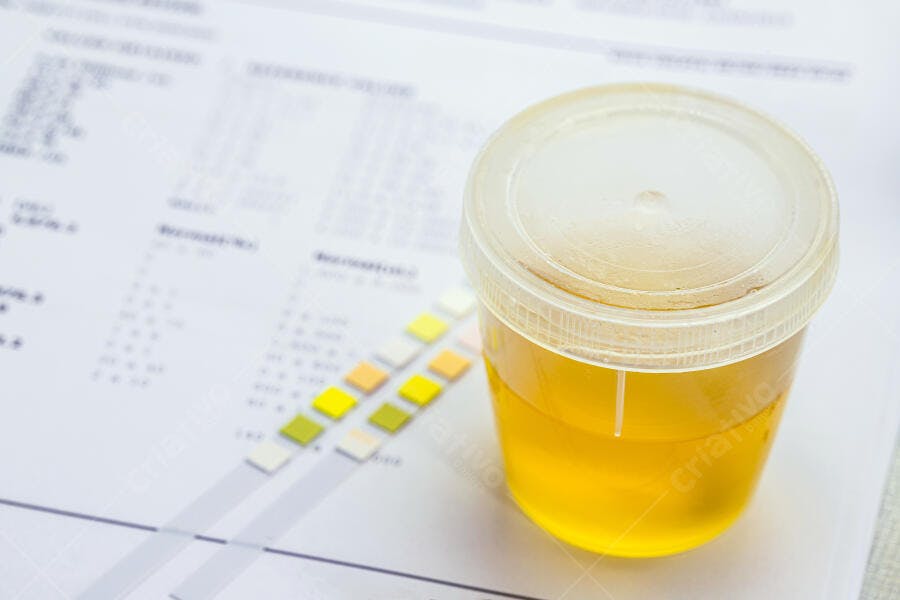 Amostra de urina em copo transparente com tiras de teste médico em laboratório