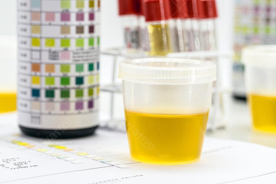 Amostra de urina em copo para exame laboratorial com tiras reagentes coloridas