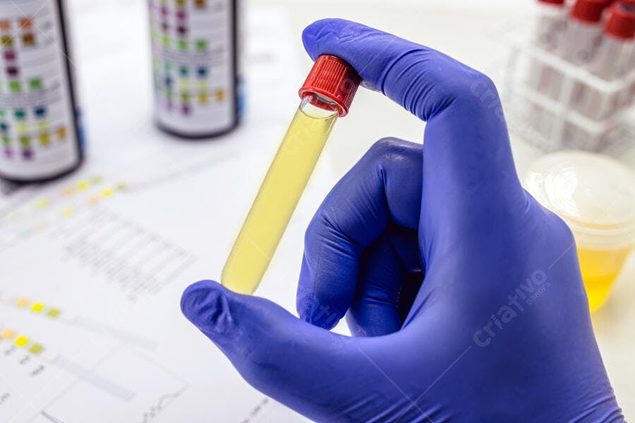 Profissional de laboratório com luva azul segura amostra de urina para análise clínica