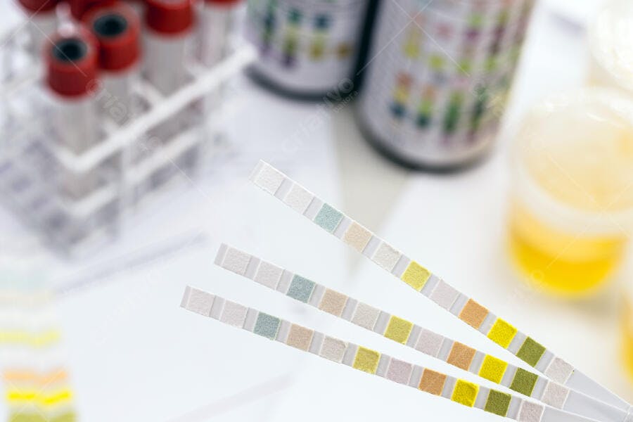 Tiras de teste de urina com cores de diagnóstico em laboratório médico