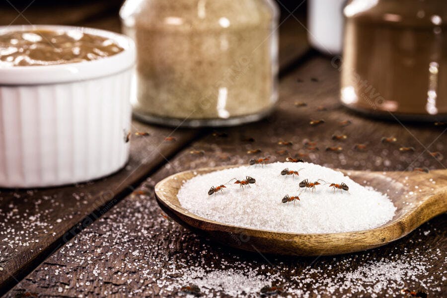Formigas vermelhas em açúcar branco na colher de pau sobre mesa de madeira escura
