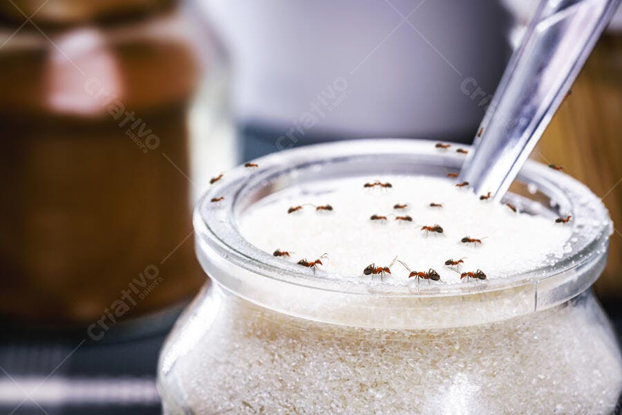 Formigas vermelhas invadindo pote de açúcar granulado na cozinha
