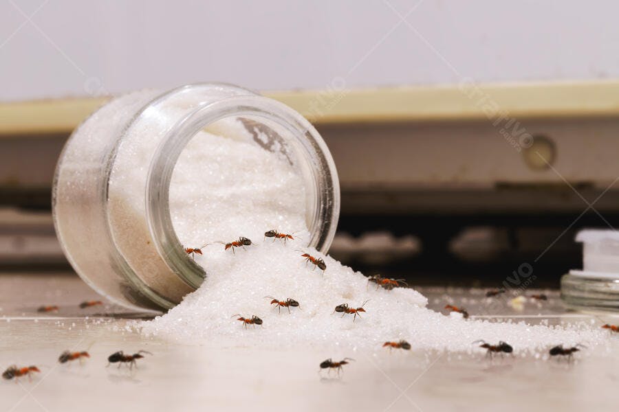 Formigas vermelhas e pretas invadindo açúcar branco derramado de pote de vidro na cozinha