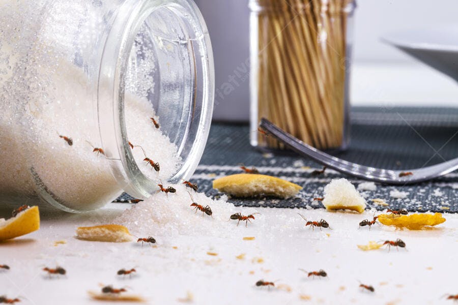 Formigas invadindo pote de açúcar derramado na mesa da cozinha