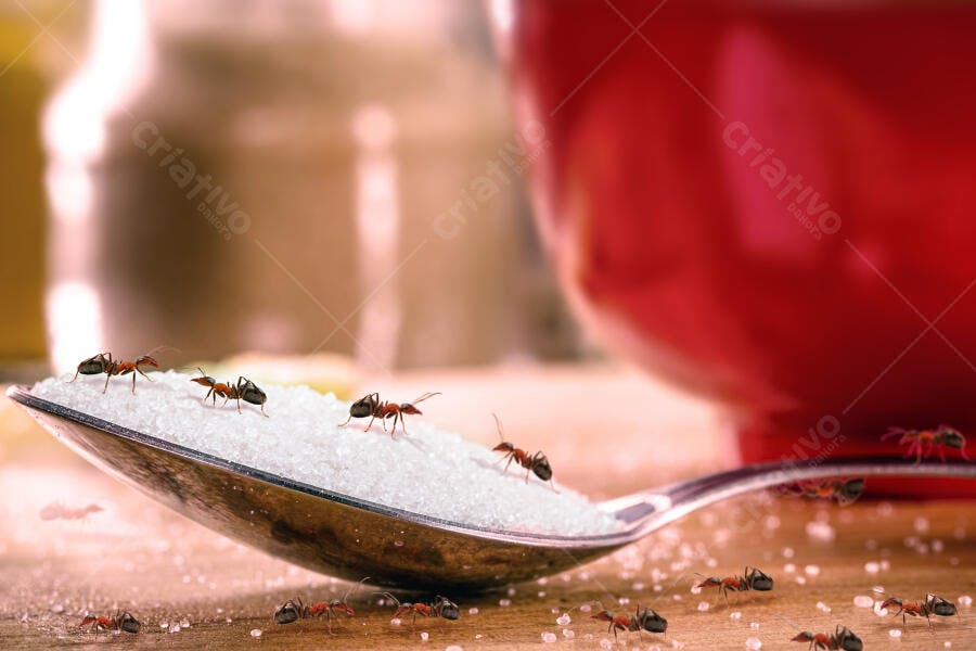 Formigas marrons pequenas atacando açúcar branco em colher de metal na cozinha