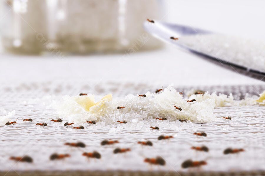Formigas vermelhas devorando açúcar branco e migalhas na cozinha