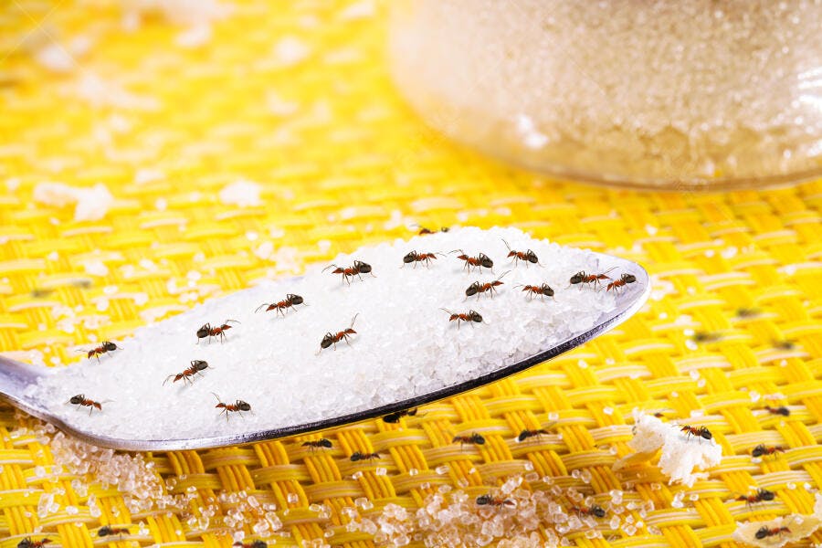 Formigas marrons em colher de açúcar branco sobre fundo amarelo texturizado