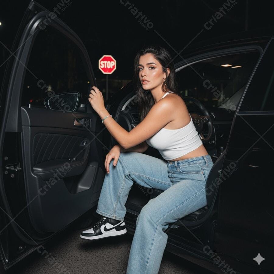 Mulher jovem morena com crop top branco e jeans saindo de carro preto à noite com placa STOP