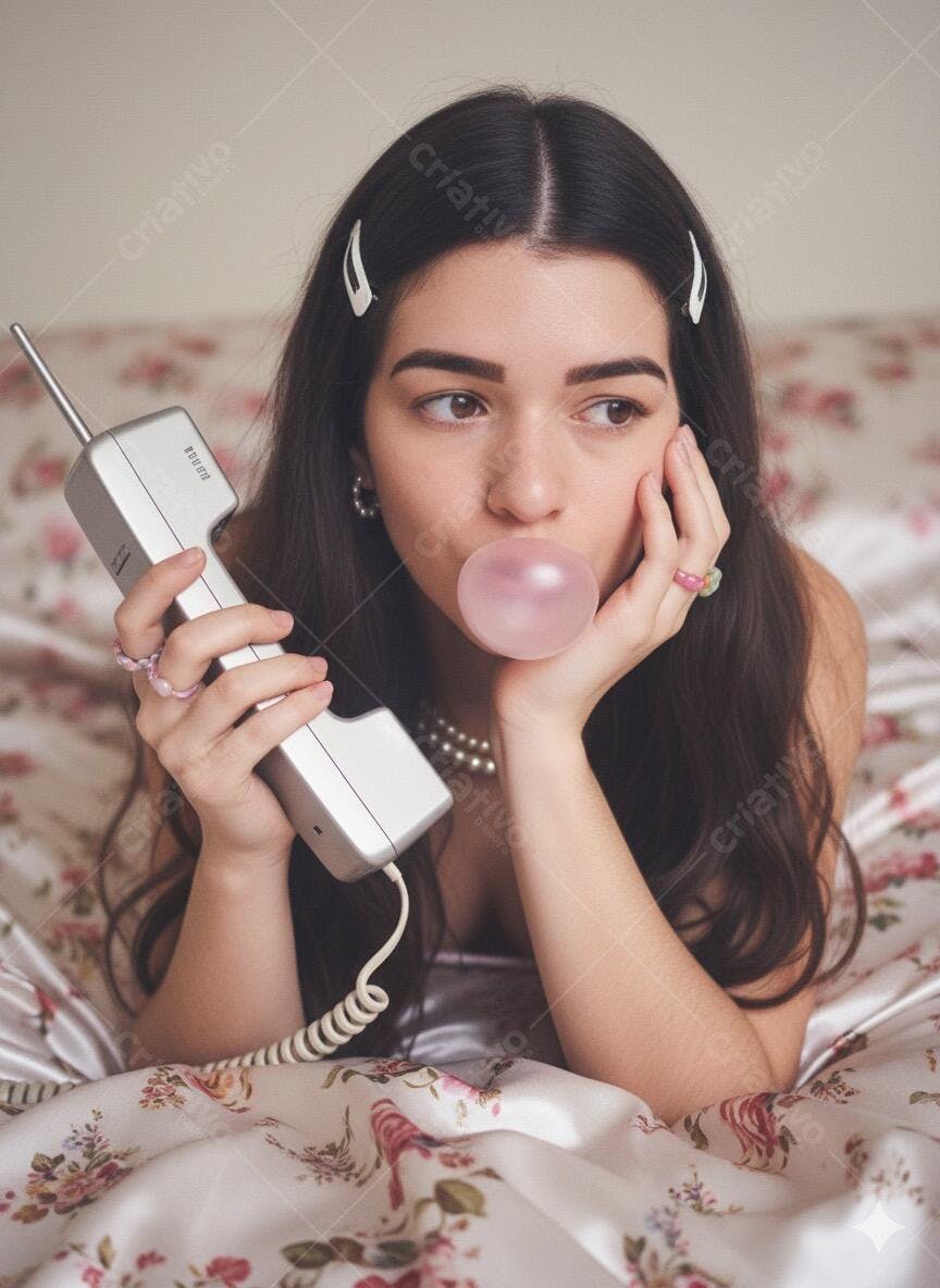 Jovem mulher morena soprando chiclete rosa segurando telefone vintage na cama floral