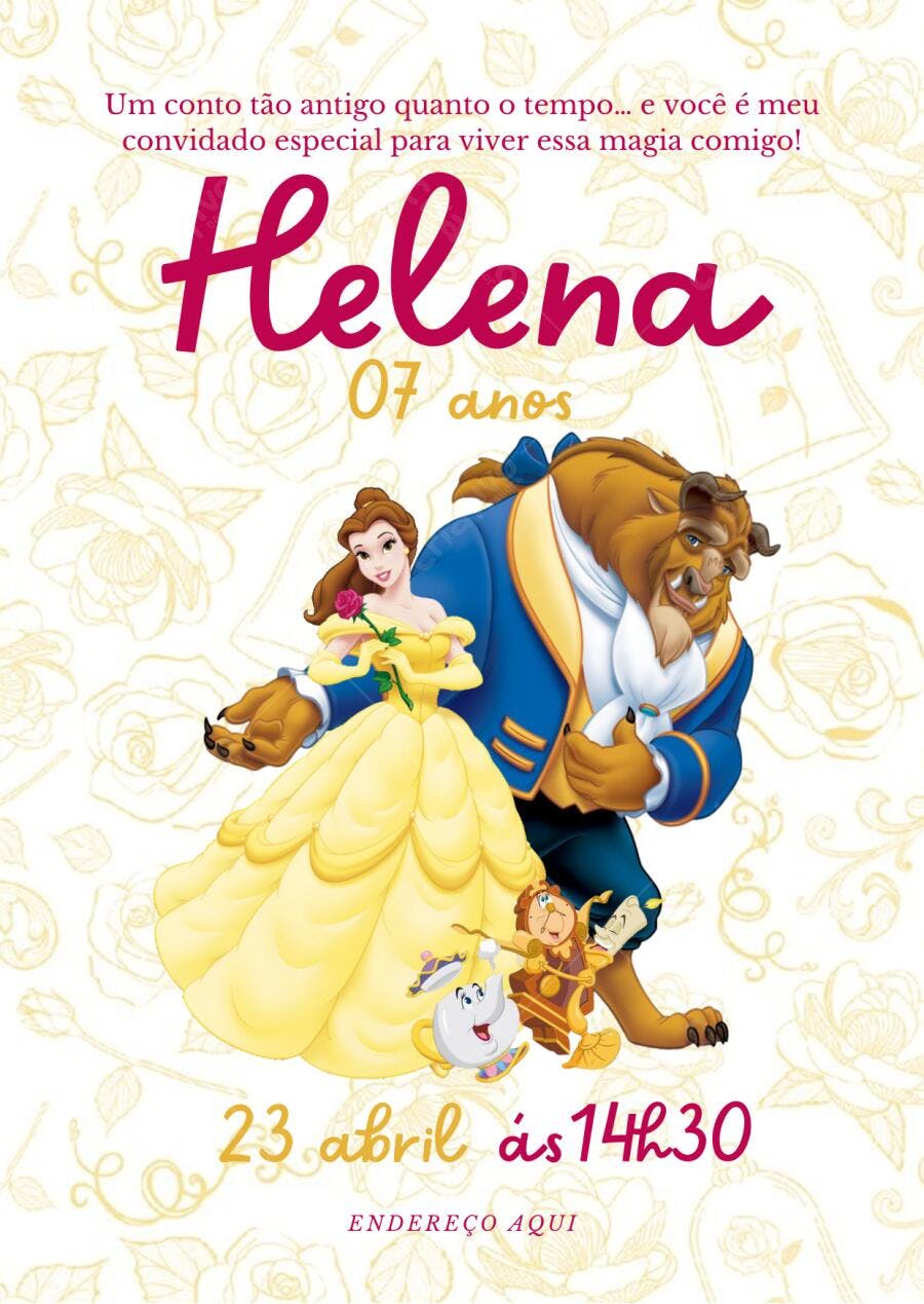 Convite de aniversário infantil A Bela e a Fera dourado e rosa Editável no Canva