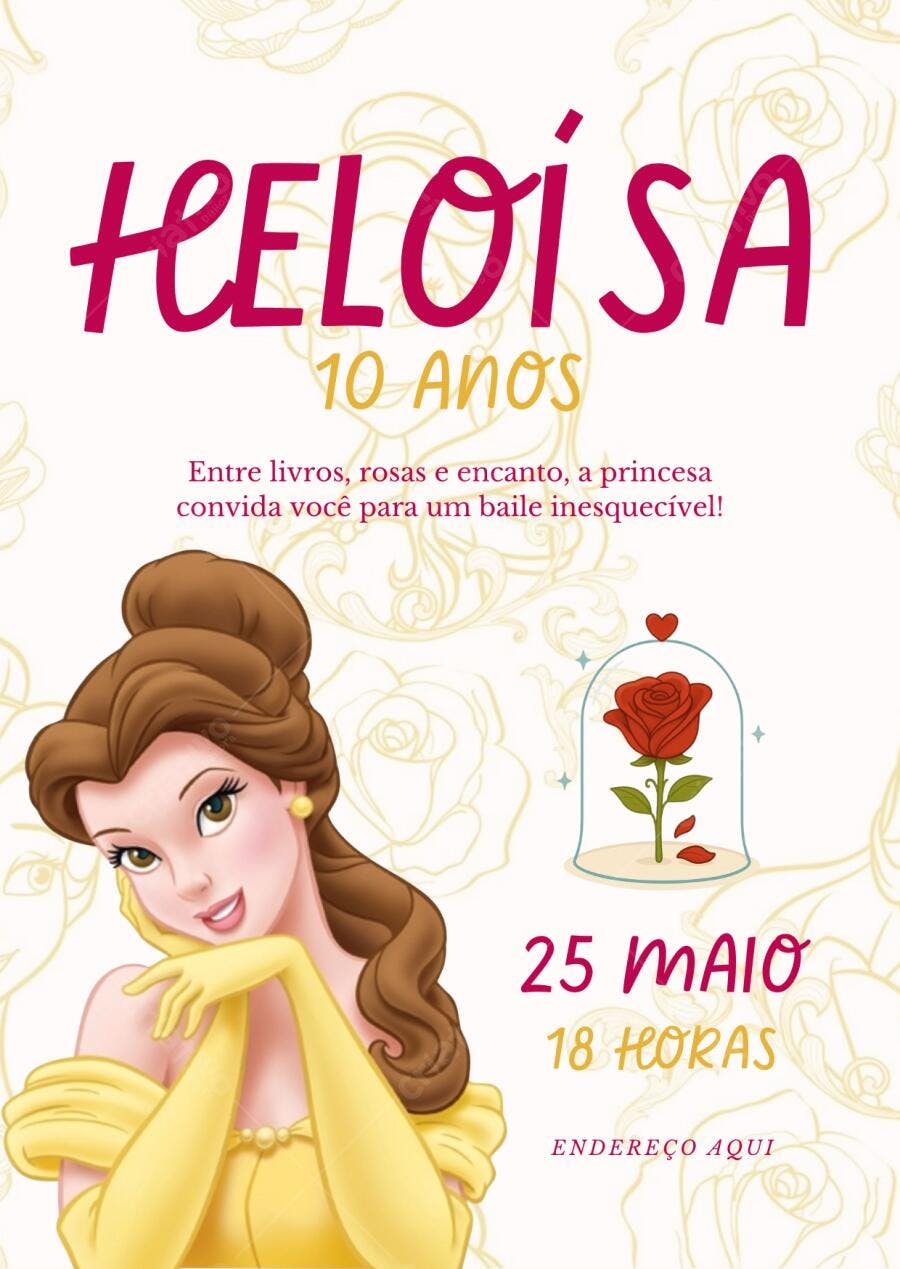 Convite aniversário infantil Princesa Bela A Bela e a Fera vestido amarelo rosa encantada Editável no Canva