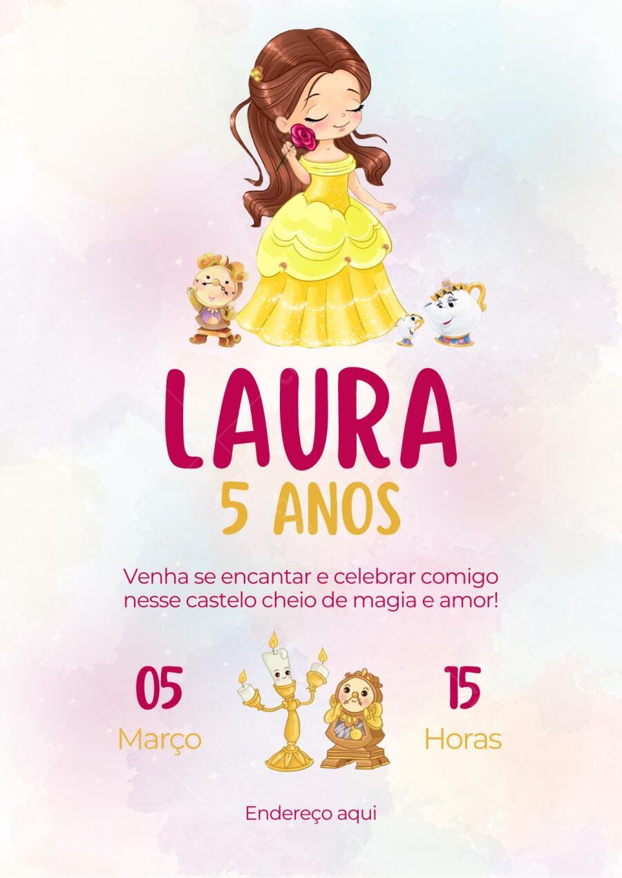 Convite Aniversário Infantil Princesa Bela e a Fera desenho fofo Editável no Canva