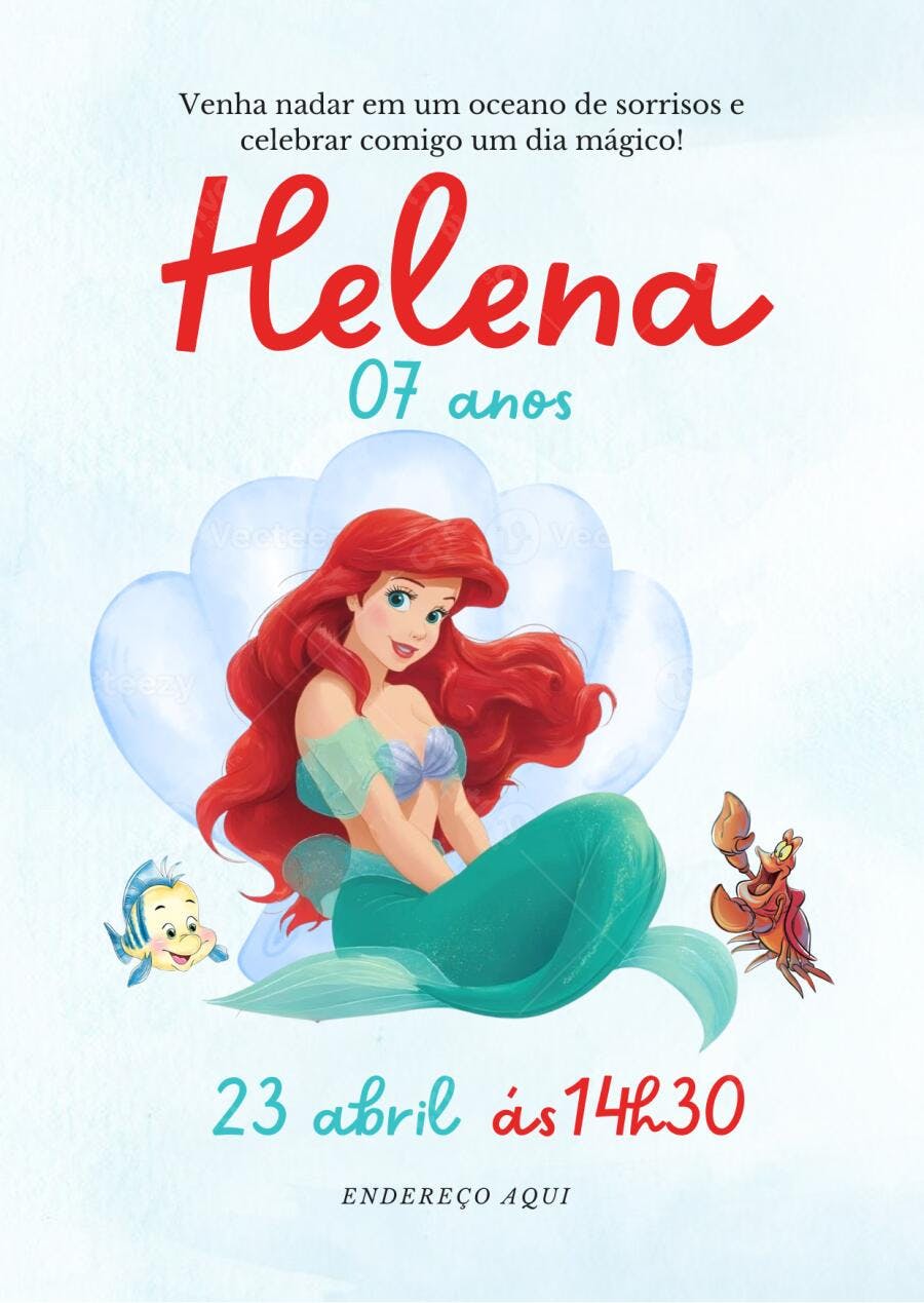 Convite de aniversário infantil Princesa Ariel A Pequena Sereia e amigos fundo azul Editável no Canva