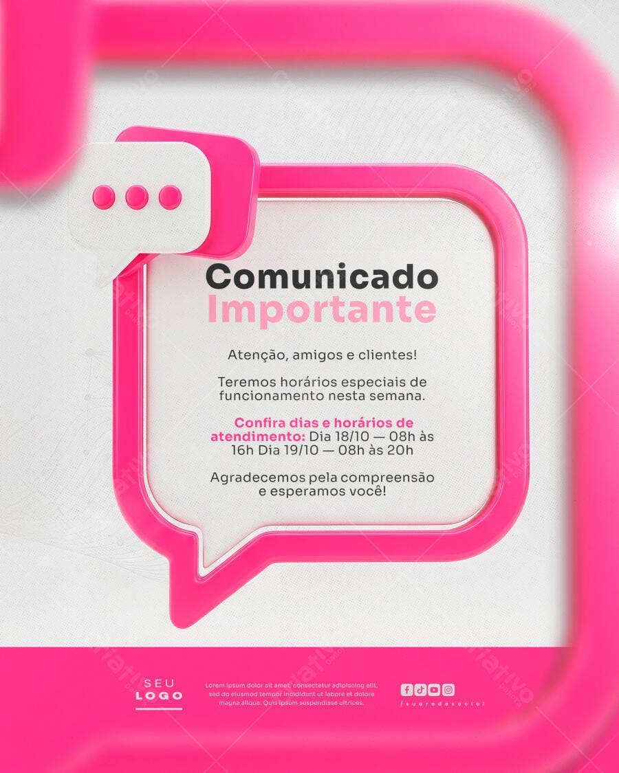 Flyer Comunicado Importante Horários Atendimento Rosa Psd Editável