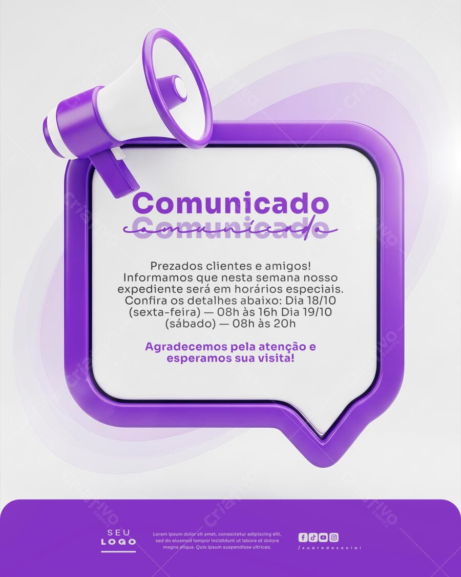 Flyer de Comunicado Horários Especiais com Megafone Roxo 3D PSD Editável