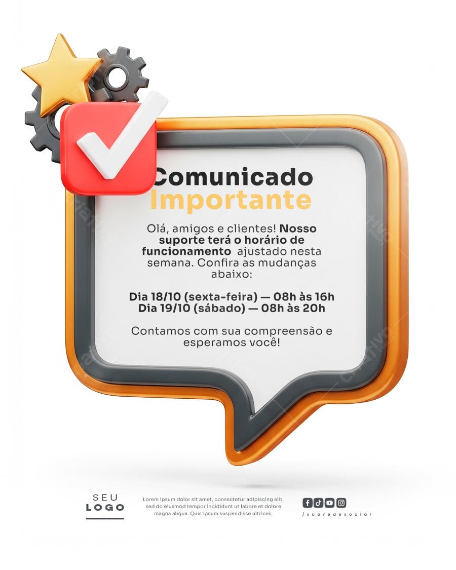 Aviso 3D para Mudança de Horário de Funcionamento PSD Editável