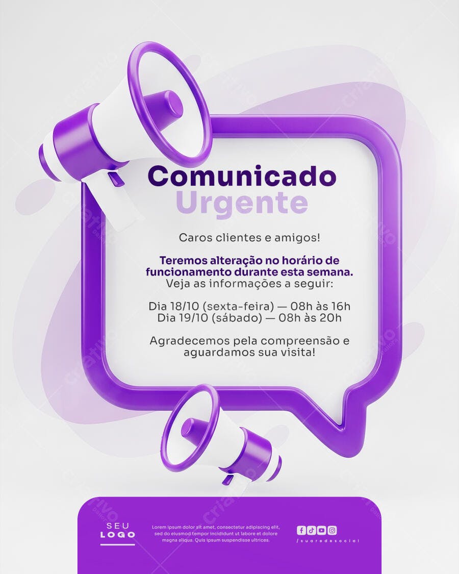 Flyer Comunicado Urgente Alteração de Horário PSD Editável
