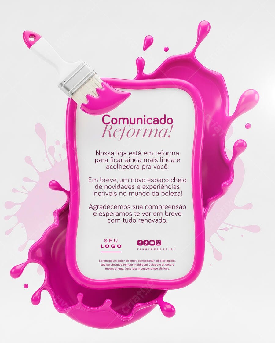 Flyer Comunicado Reforma Loja de Beleza Rosa Pink PSD Editável