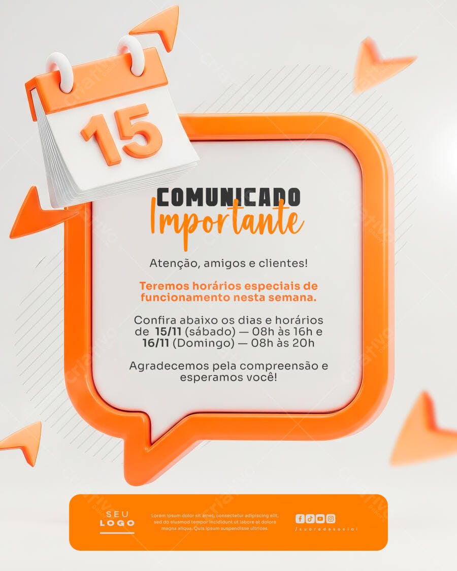 Flyer para Comunicado de Horários Especiais PSD Editável