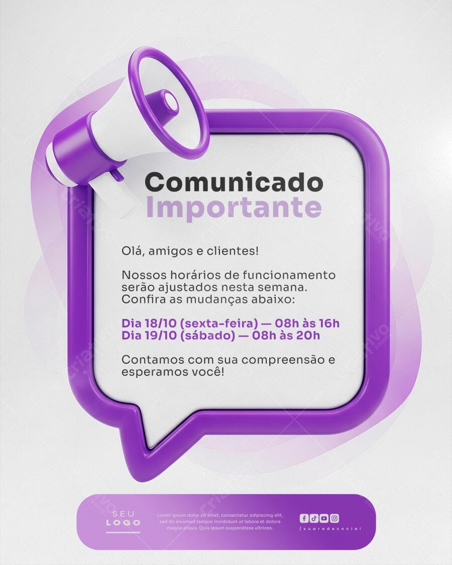 Flyer para Aviso de Horário Importante PSD Editável