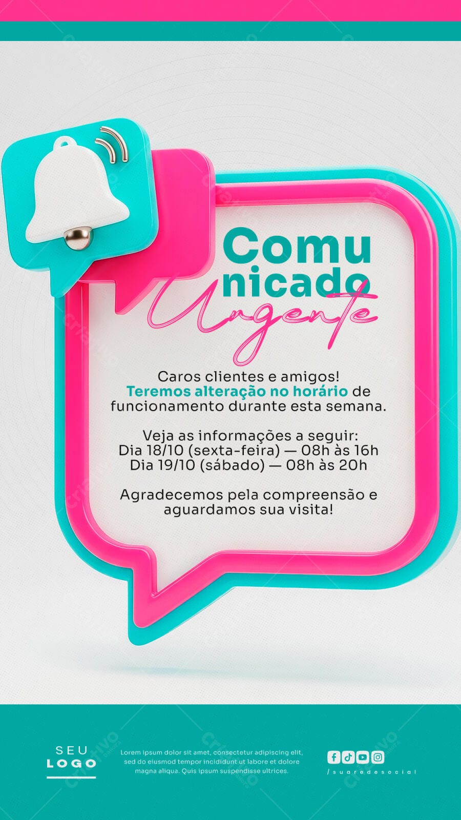 Flyer Comunicado Urgente Alteração Horário Rosa Azul PSD Editável