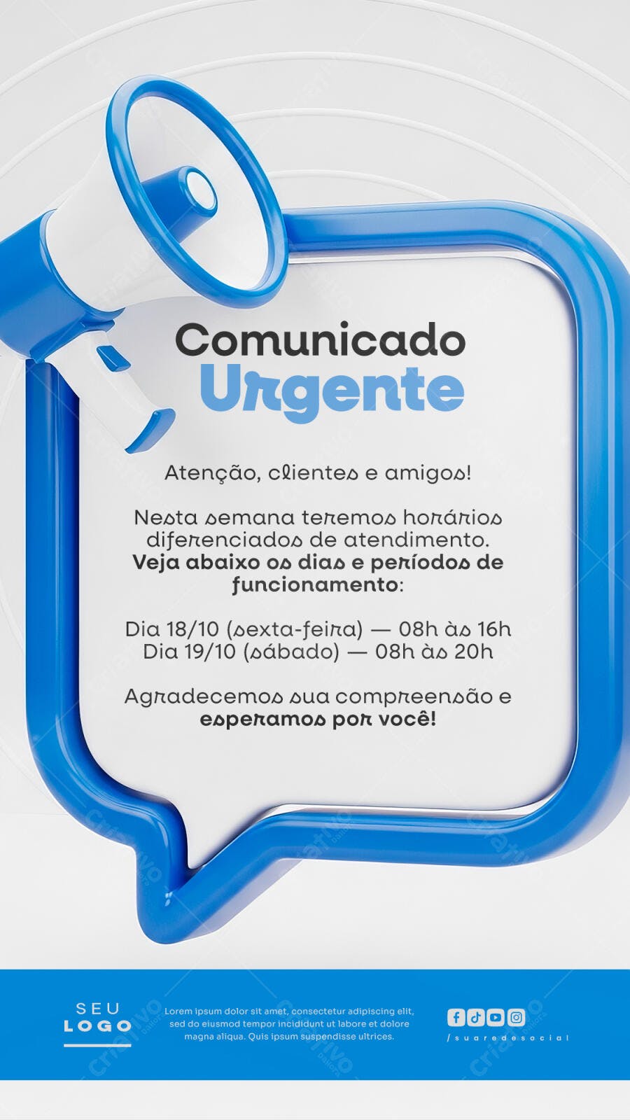 Flyer Comunicado Urgente Horários Diferenciados PSD Editável