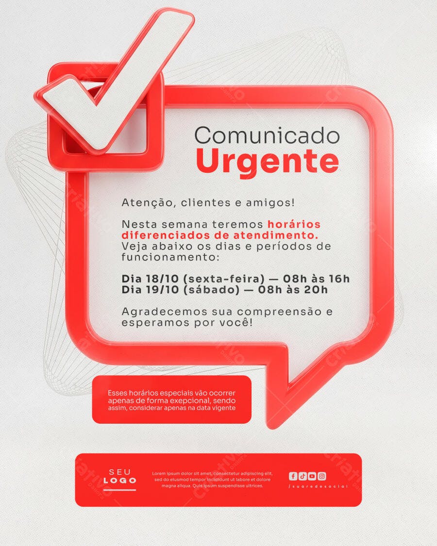 Flyer Comunicado Urgente de Horários Diferenciados PSD Editável