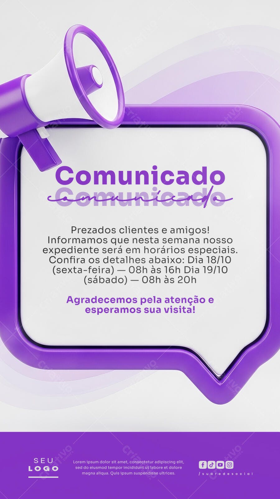 Post para Comunicado de Horário Especial Psd Editável