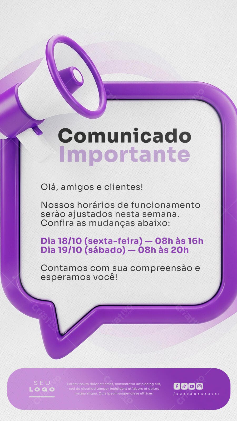 Flyer Comunicado Importante Ajuste de Horário PSD Editável