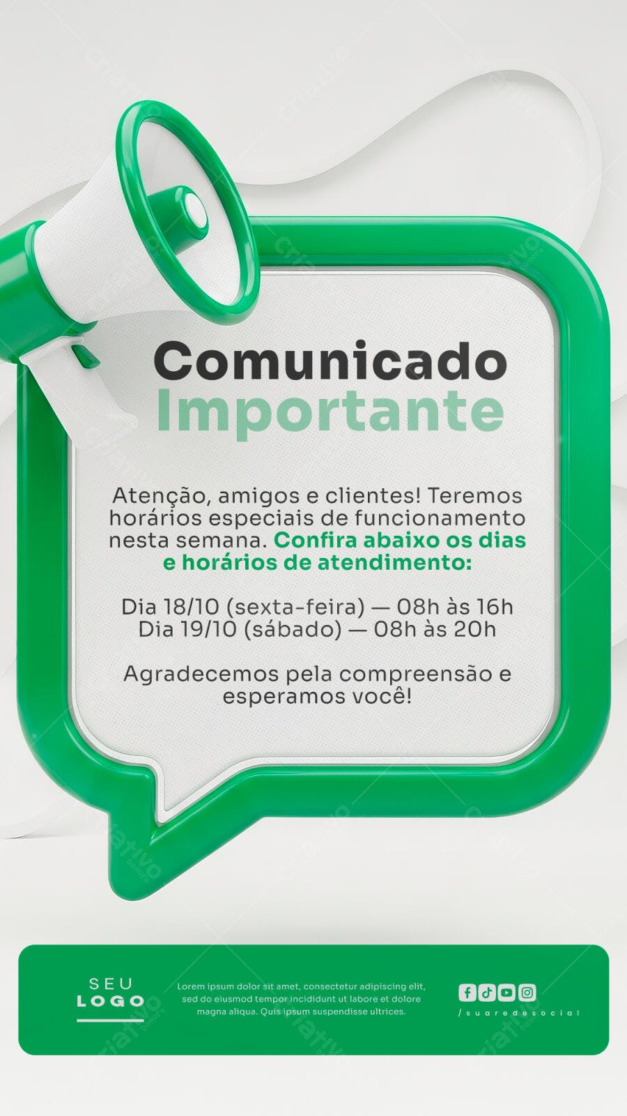 Flyer Comunicado Importante Horários de Atendimento PSD Editável