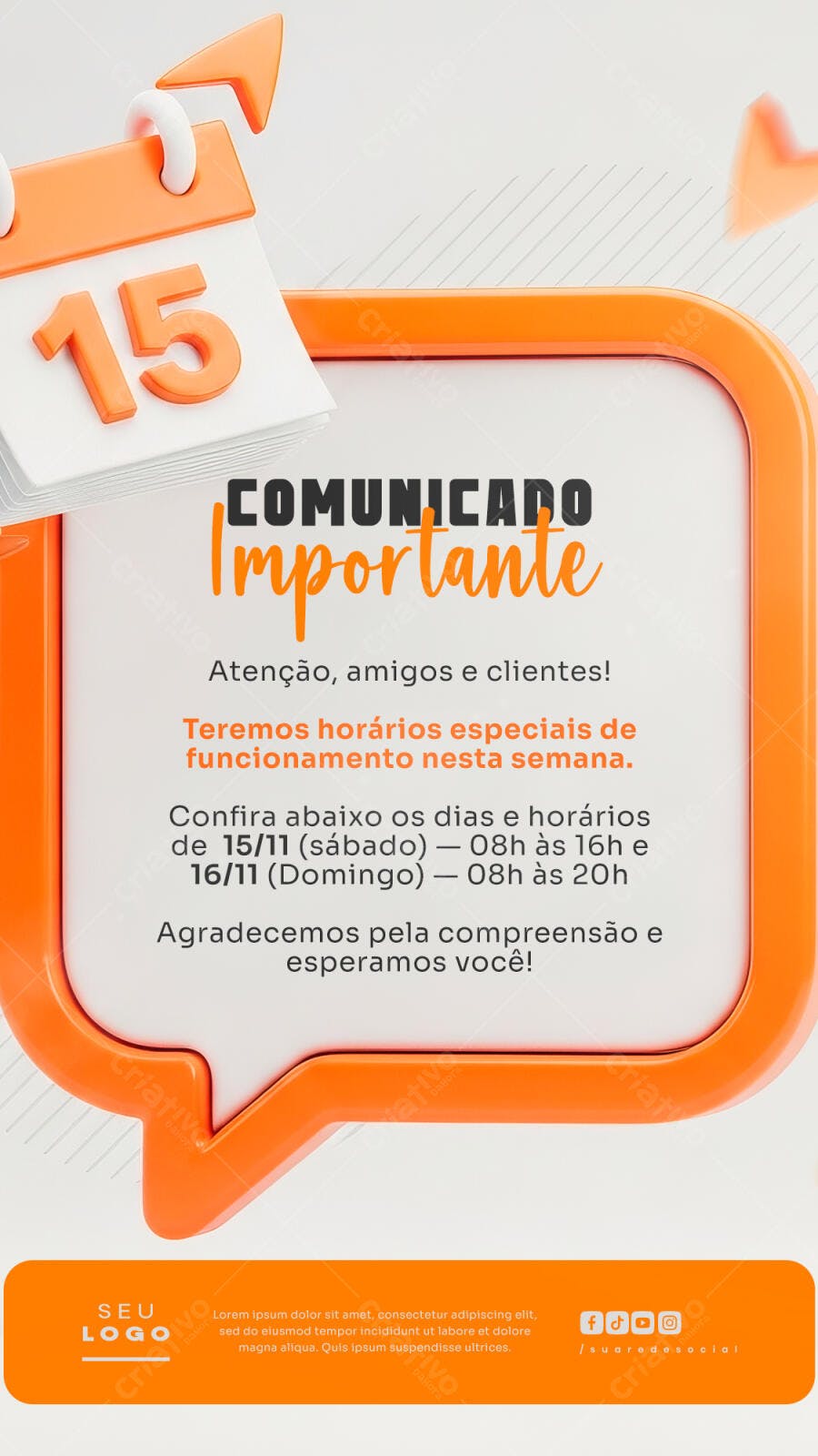 Flyer Comunicado Horário Especial com Calendário PSD Editável