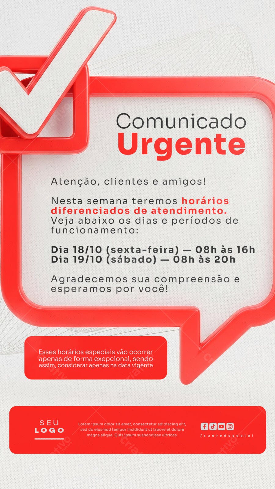 Post de Mídia Social para Comunicado Urgente Horários PSD Editável