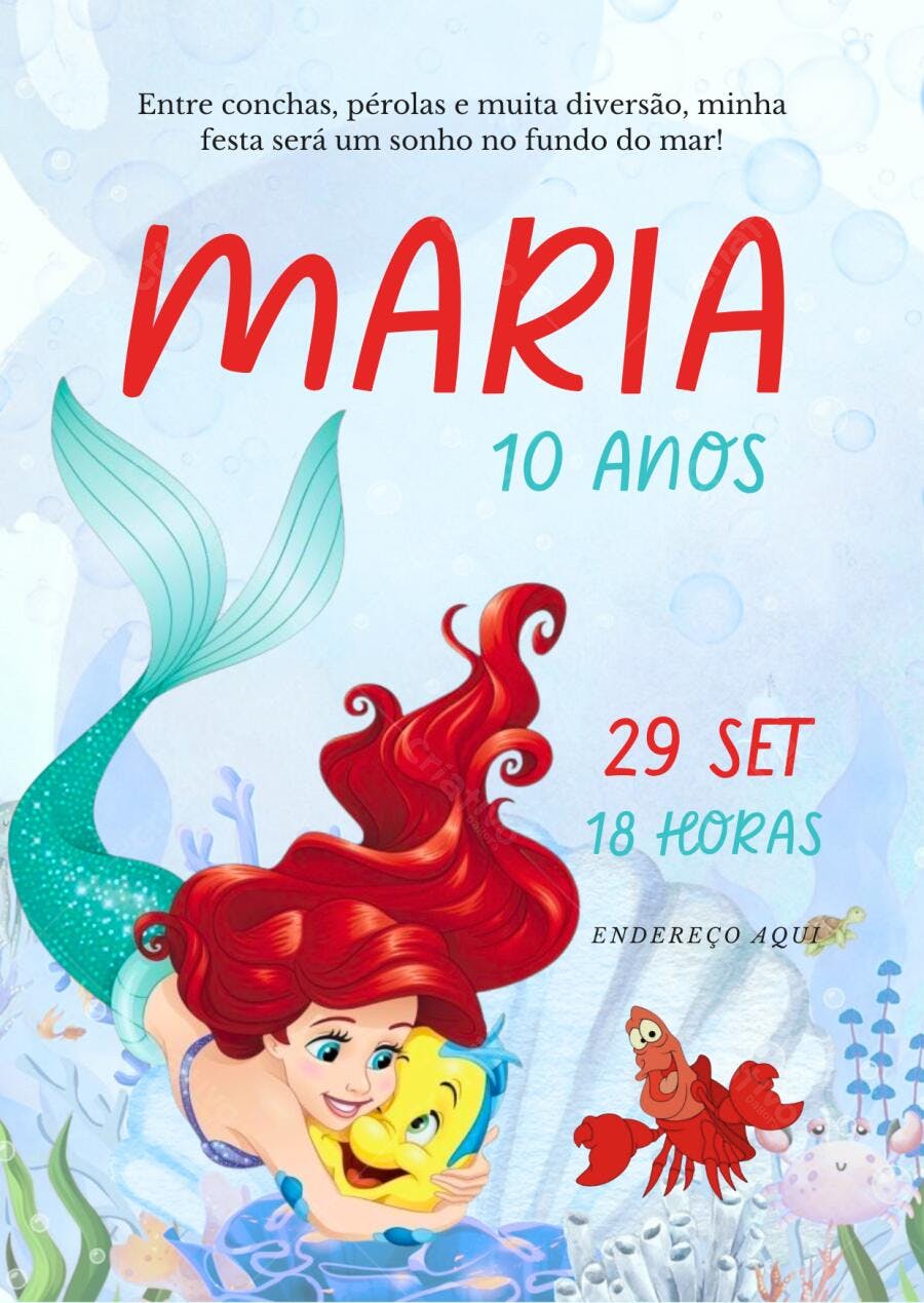 Convite de aniversário infantil A Pequena Sereia Ariel Fundo do Mar Editável no Canva