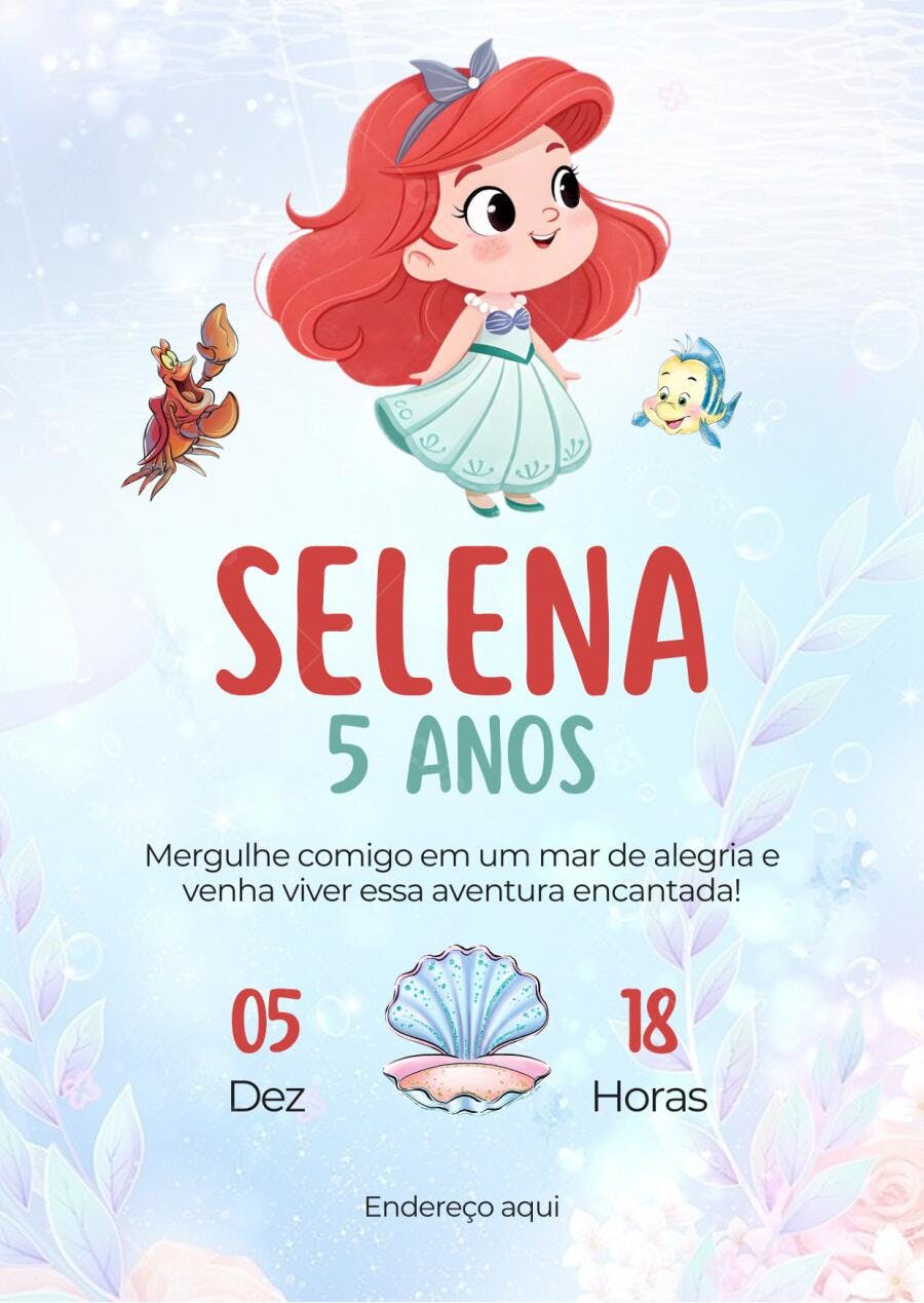 Convite de aniversário infantil A Pequena Sereia Ariel e amigos fundo mar azul pastel Editável no Canva