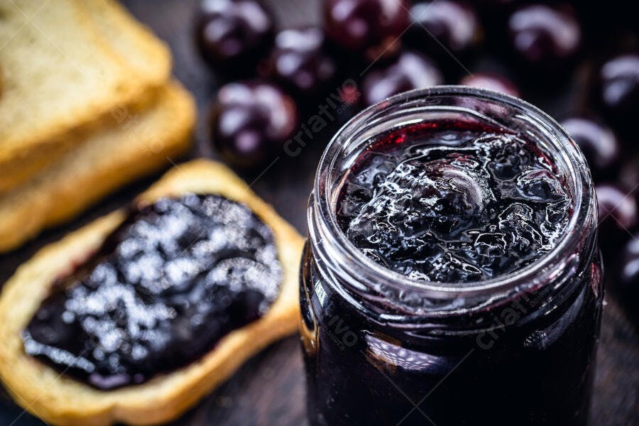 Geléia de frutas escuras em pote com torrada no café da manhã